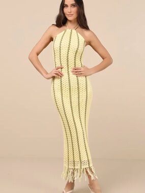 Lulu's Pale Yellow Crochet Halter Fringe Maxi Dress